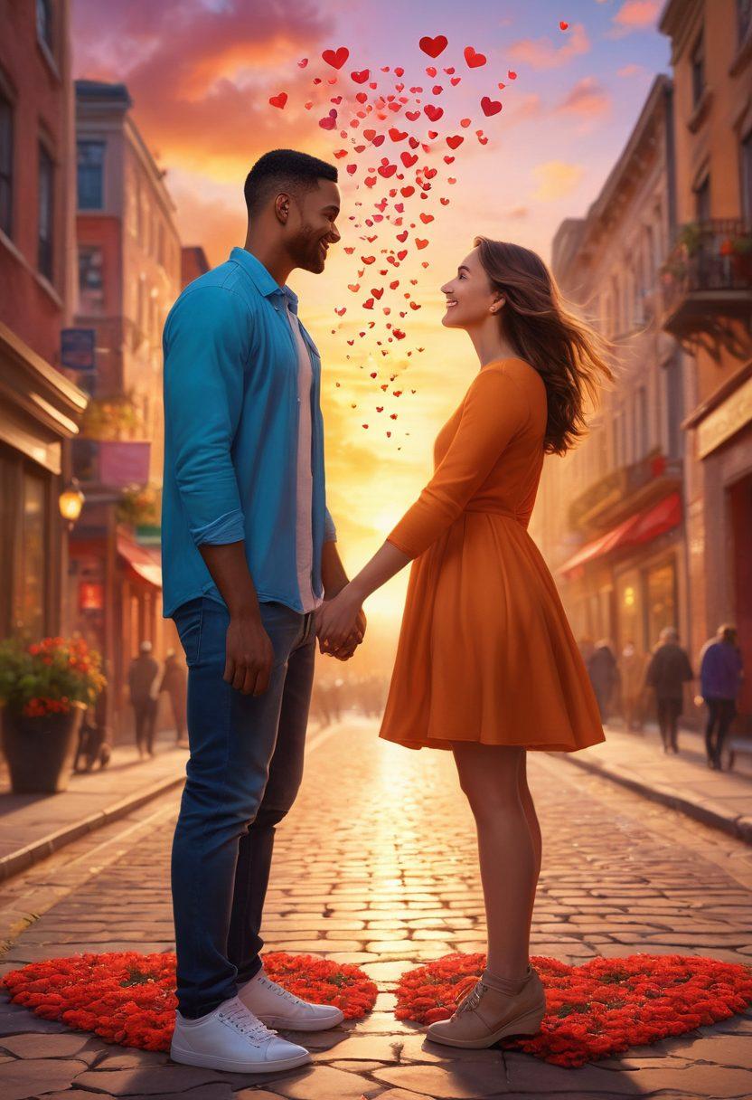 A captivating scene of a diverse couple joyfully exploring together in a vibrant city, surrounded by elements symbolizing passion such as hearts, flowers, and meaningful quotes in the air. The background features a stunning sunset that symbolizes love, while the couple is engaged in a playful activity, showcasing chemistry and warmth. Their expressions reflect excitement and deep connection. bright colors. super-realistic. dynamic composition.