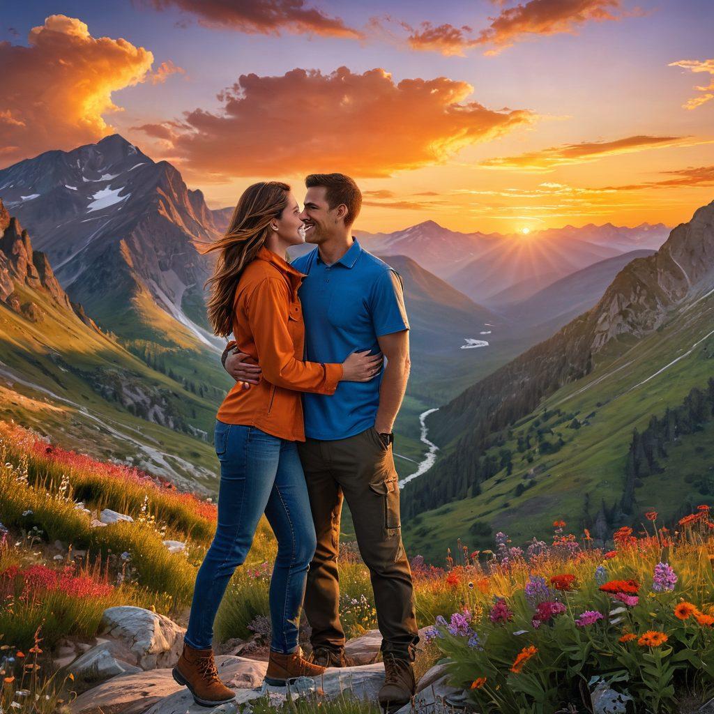 A stunning couple on an adventurous hike, laughing and sharing a moment of affection, surrounded by breathtaking mountainous scenery, vibrant wildflowers, and a radiant sunset in the background. Their genuine connection is highlighted with playful poses and warm expressions. The scene conveys both adventure and intimacy, inviting viewers to feel the bond. super-realistic. vibrant colors. warm lighting.