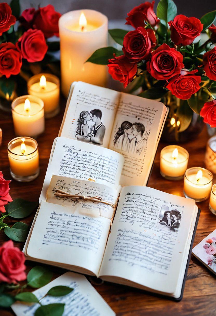 An open diary with beautiful handwritten notes and sketches depicting heartfelt love stories, surrounded by fresh flowers and cozy candles, symbolizing warmth and intimacy in relationships. A couple in the background sharing a joyous moment, with soft sunlight filtering through the leaves, creating a romantic ambiance. super-realistic. vibrant colors. soft bokeh effect.